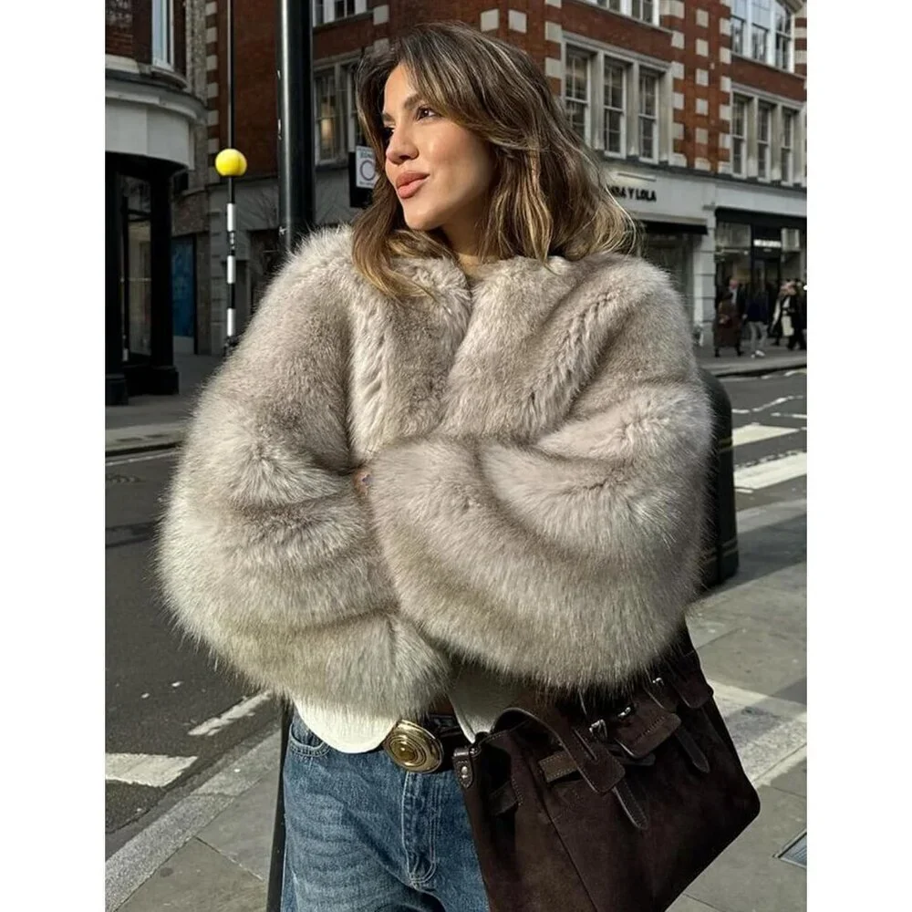 Women's Grey Wyeysyt Faux Fur Cropped Coat Fluffy Open Front Warm Winter Jacket - Picture 2 of 8